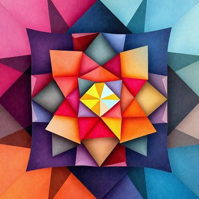 The primary subject of the image is a colorful geometric pattern, which appears to be a piece of art or a decorative item. The setting is a wall, and the visual style is a combination of digital art and illustration. The dominant colors in the image are pink, yellow, and orange, creating a vibrant and lively atmosphere.